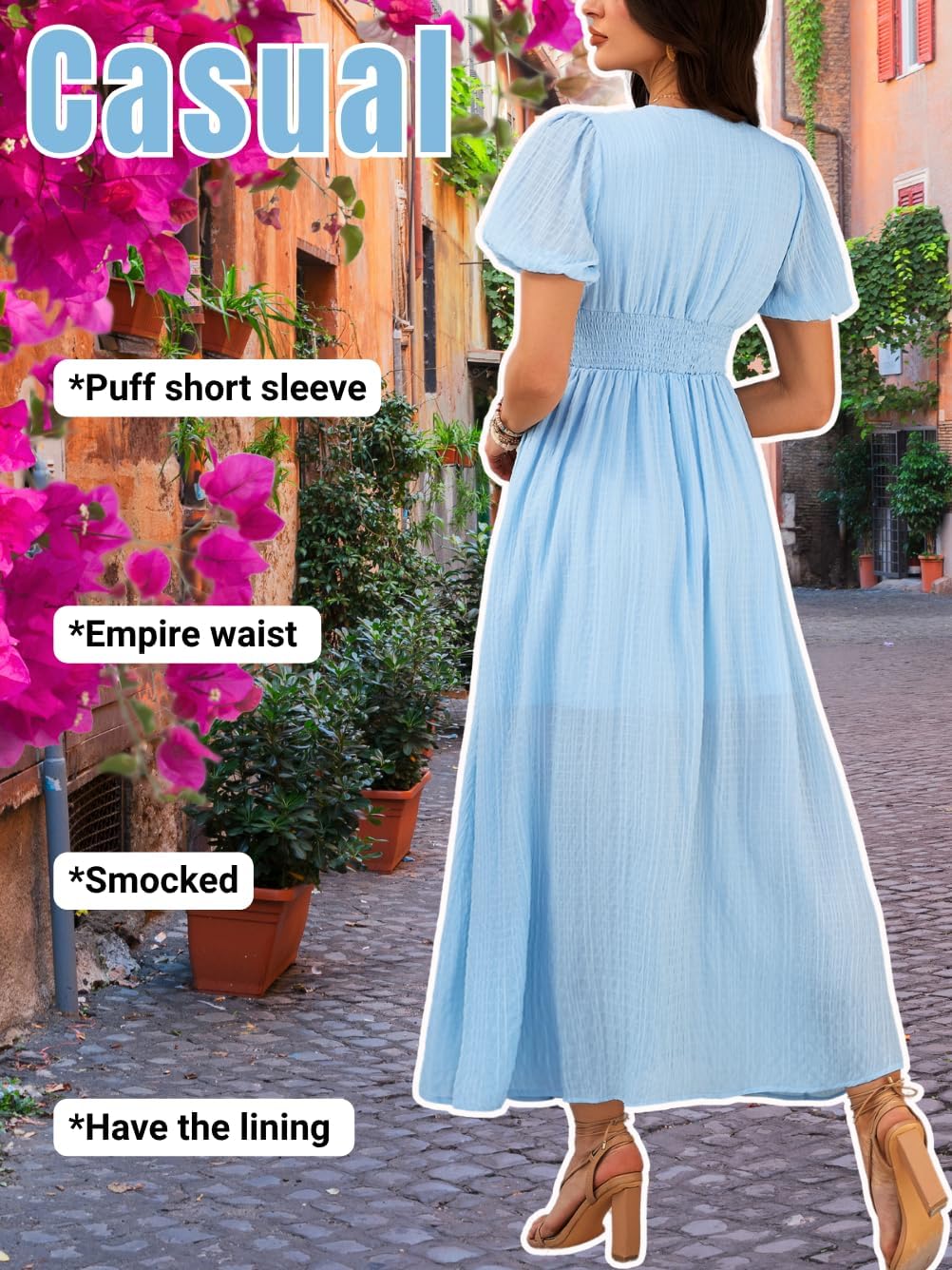 Women Casual Summer Flowy Maxi Dress, A Line Deep V Puff Sleeve Dresses, Empire Waist Smocked Wedding Guest Outfit - Image 3