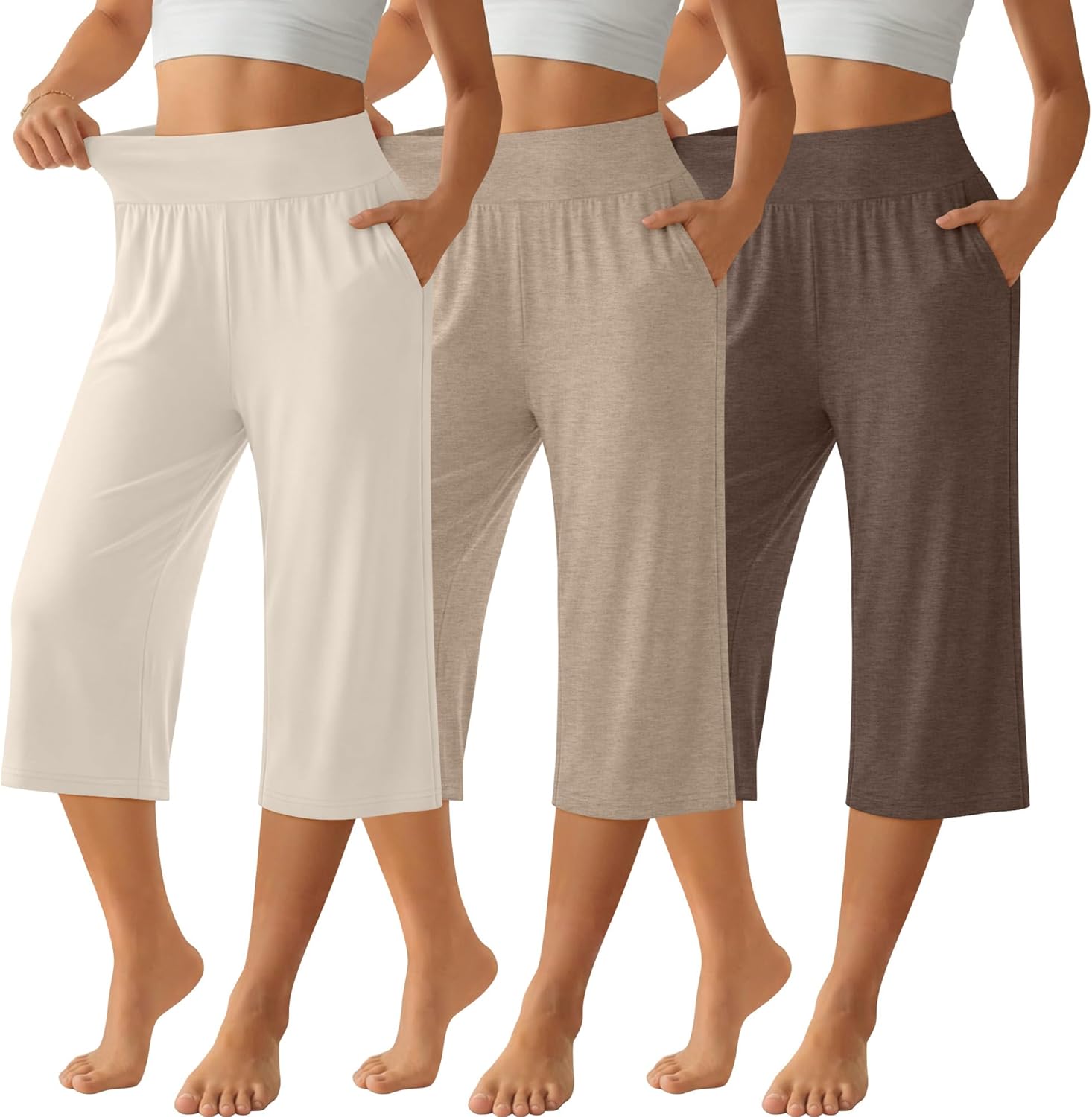 Neer 3 Pack Women Capri Pants, Wide Leg High Waist Crop Lounge Sweatpants Summer Casual Workout Pants with Pocket