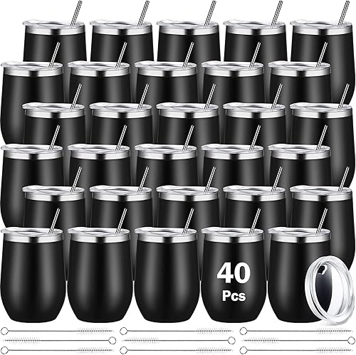Paquete de 40 vasos de vino de acero inoxidable de 12 onzas con tapas y pajitas, copas de vino sin tallo de doble pared, tazas de vino aisladas para