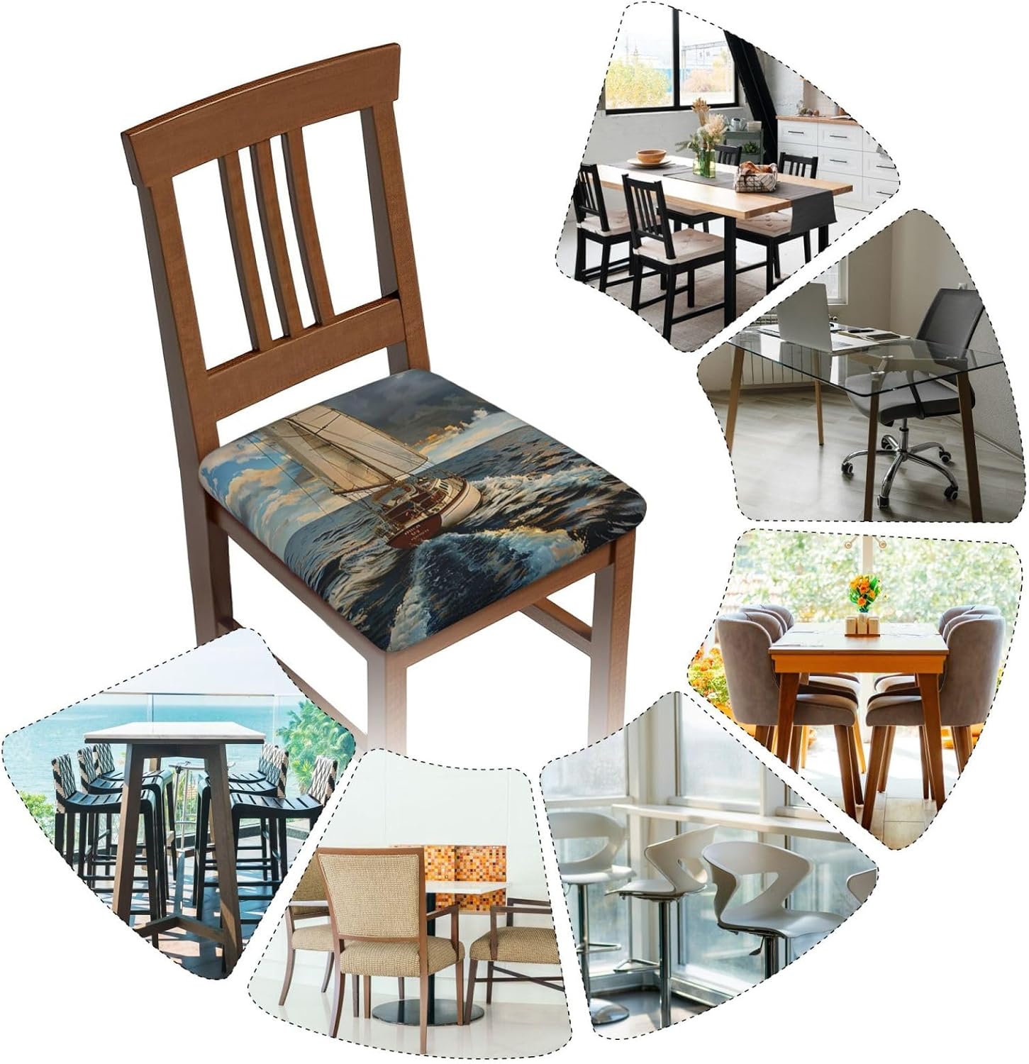 Ocean Sailboat Print Square Cushion Covers 6 Pcs Set Elastic Non-Slip Seat Cushion Slipcovers Pet Furniture Protectors for Chair, Sofa