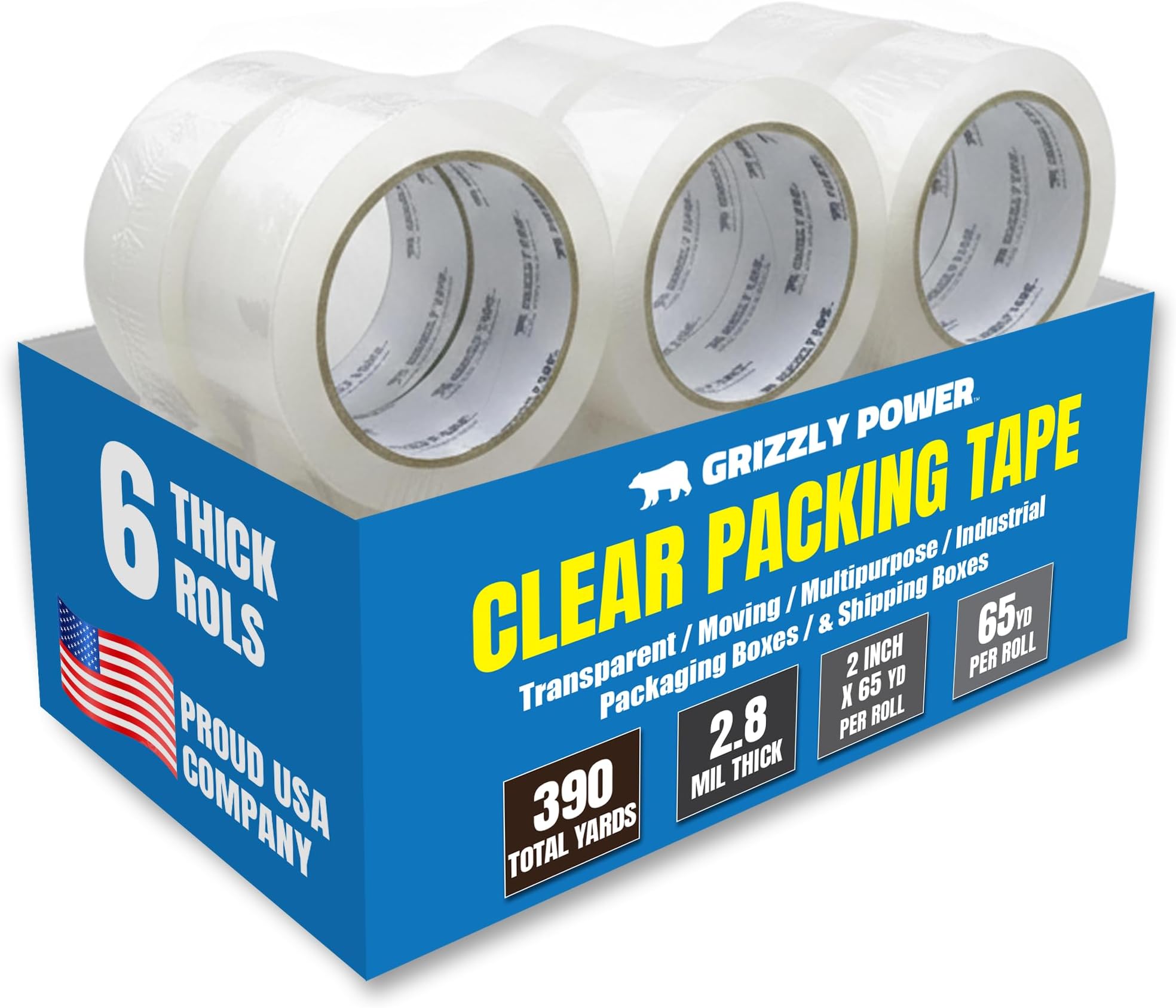 - Grizzly Power Clear Packing Tape (6 Rolls) | Heavy Duty Packing Tape (2 Inch x 65 Yards) | 2.8mil Thick Strong Adhesive for Moving Boxes, Shipping Cartons, Office Use, Storage & Wrapping (390 Yards)