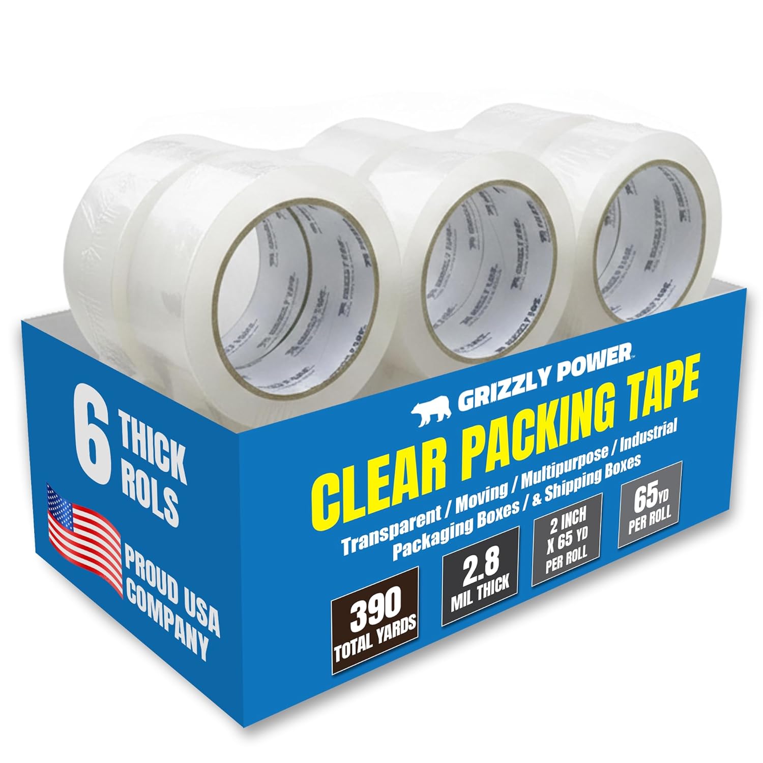 Grizzly Power Clear Packing Tape (36 Rolls) | Heavy Duty Packing Tape (2 Inch x 65 Yards), 3 Inch Core | 2.8mil Thick Strong Adhesive for Moving Boxes, Shipping Cartons, Office Use, Storage & Wrapping