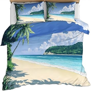 Ocean Duvet Cover Set, Hawaii Beach Bedding Set, Cartoon Palm Trees Comforter Cover, Soft Breathable 3 Pieces, with Zipper Closure King Size Duvet Cover 104x90, 2 Pillow Shams