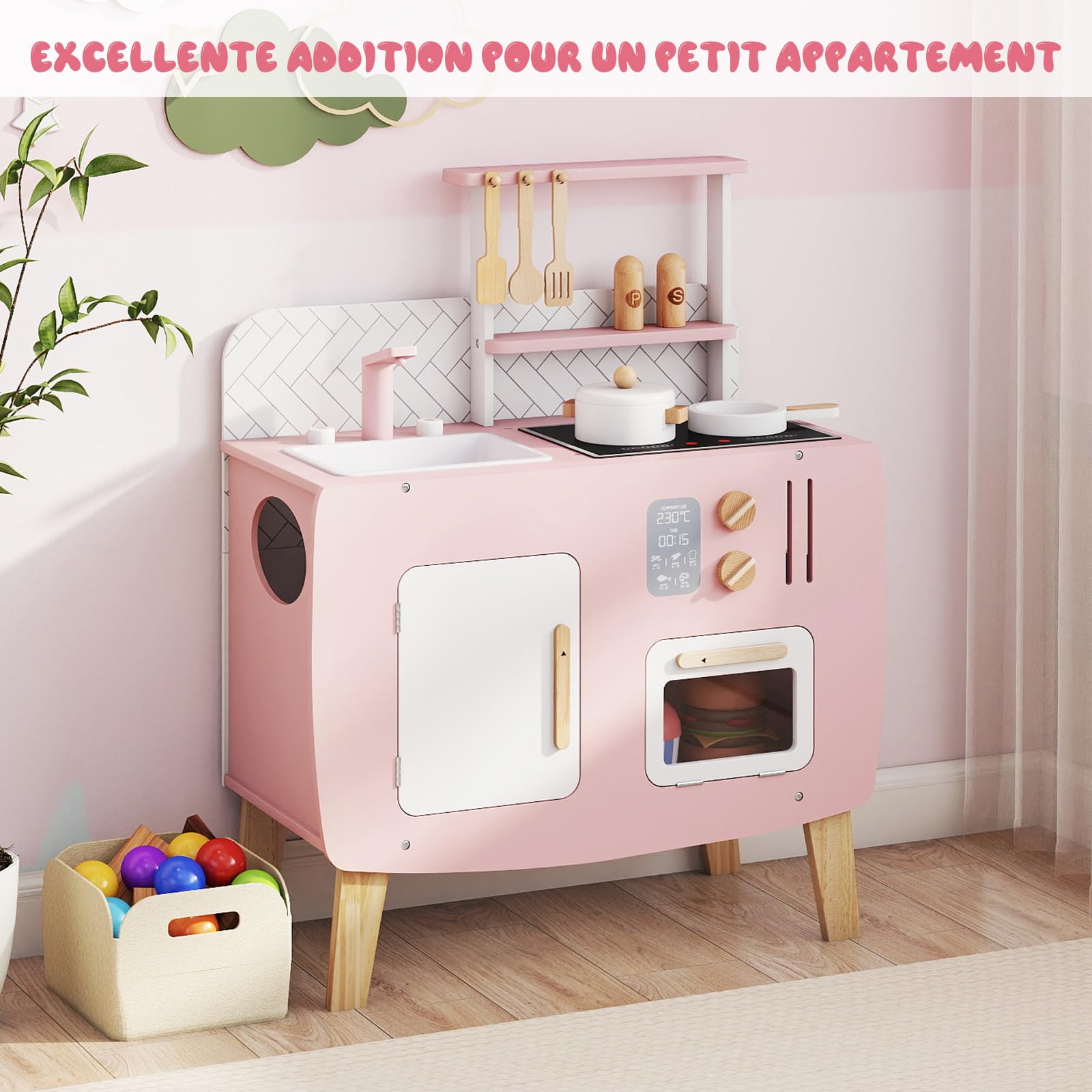 COSTWAY Cuisine Enfant en Bois avec Effet Sonore & 7 Accessoires, Jeu de Cuisine Rose avec Micro-Ondes & Évier & Robinet, Armoire, Étagère, Jeu d'Imitation pour Enfants de 3 Ans+