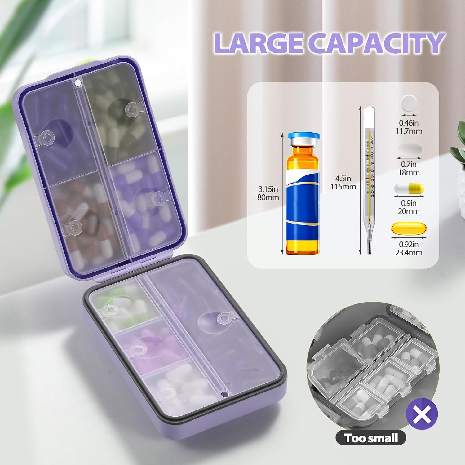 Travel Pill Organizer with Blank Labels, Weekly Pill Box, 8 Large Compartments Medicine Organizer, Moisture-Proof Pill Case for Vitamin, Medicine, Fish Oil/Supplements,