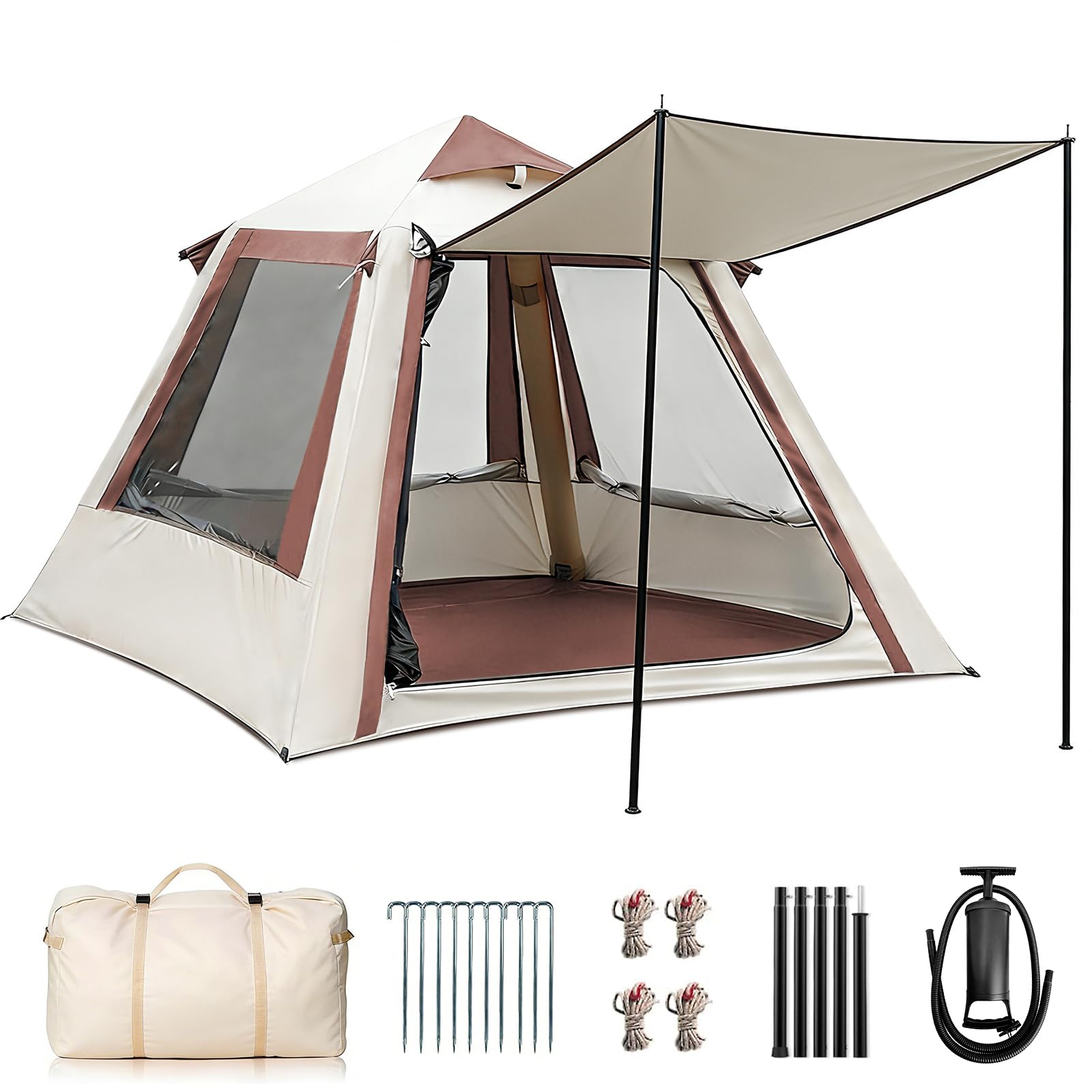 VINGLI Inflatable Camping Tent, All-Weather Inflatable Hot Tents with Pump, Blow Up Tent for Camping with Mesh Doors & Windows, Inflatable Air Tents for Camping Adult (Beige, 2-4 Person) - view 2