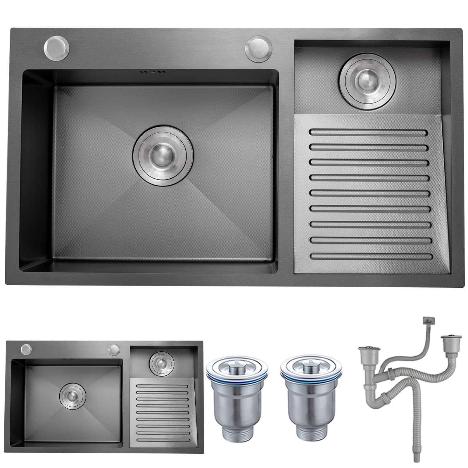WIQUYBML Stainless Steel Laundry Sink With Integrated Washboard, Heavy-Duty Handwashing Tub Drain Kits, Durable Utility Washing Basin For Basement, Room, Garage, Outdoor Use(Black Right,80x48x22cm