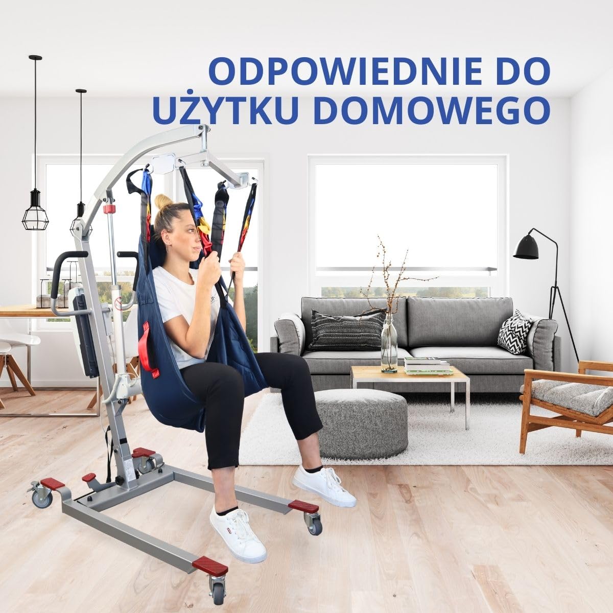 Mobiclinic®, Elektryczny Podnośnik Pacjenta dla Seniorów, Składany, do 180 kg, Rama Wstępnie Zmontowana, w Zestawie Uprząż do Przenoszenia, Regulowana Szerokość, Kółka z Hamulcami, Stalowy, Fortuna