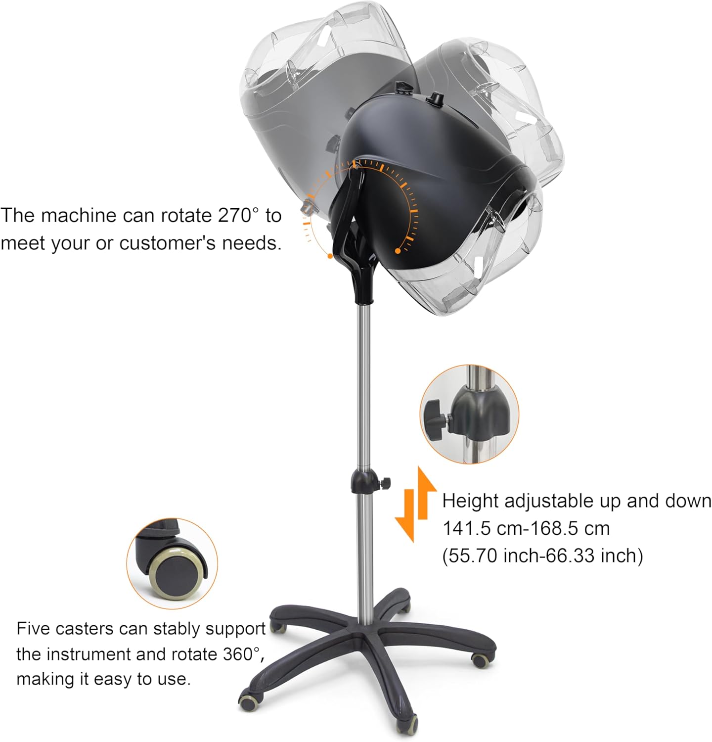 Elitzia Professional Hooded Hair Dryer for Salon 1000W Adjustable Height Standing Ionic Hooded Dryer 7 Temperature Settings and Timer 360° Wheels Quick Drying Hood Dryers for Hair Home ET194(Black) - Image 7