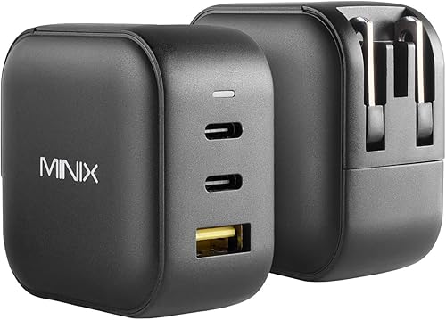 Miniatura 2 de MINIX NEO P1 66W Turbo 3-Port GaN Cargador de pared 2 x adaptador de carga USB-C, 1 carga USB-A 3.0, paquete con enchufe AU. Compatible con MacBook