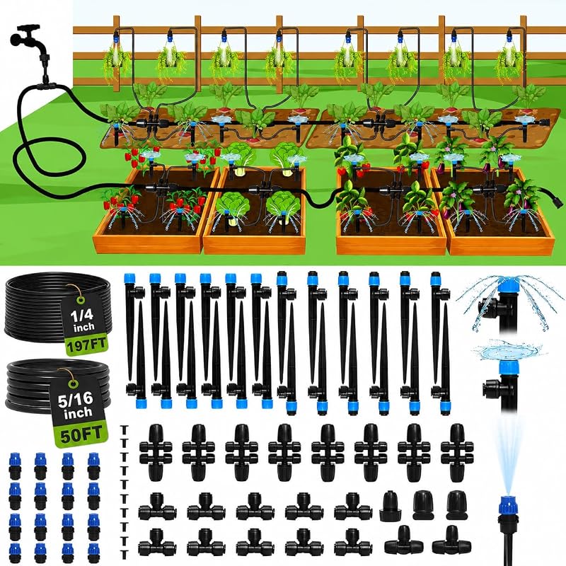 Drip Irrigation System Kit for Garden Watering, 247FT Quick Connect | For Garden, Raised Beds, Greenhouses, with 50FT 5/16" Mainline + 1/4" Tubing + 40 Emitters, 20-45 PSI and up to 40 GPH