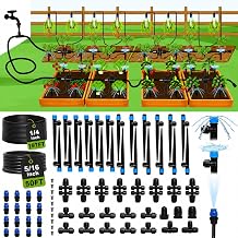 Bonviee 247FT Drip Irrigation System and 50FT 5/16 Drip Irrigation Mainline Tubing with 4-Way Push-to-Connect Couplers 4 Pack
