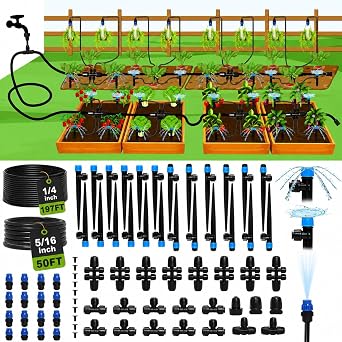 Bonviee 247FT Drip Irrigation System, Automatic Garden Watering System Kit with 50FT 5/16 & 1/4 Drip Tubing, Quick-to-Connect Fittings, Adjustable Drip Emitters for Raised Beds, Greenhouse, Lawn