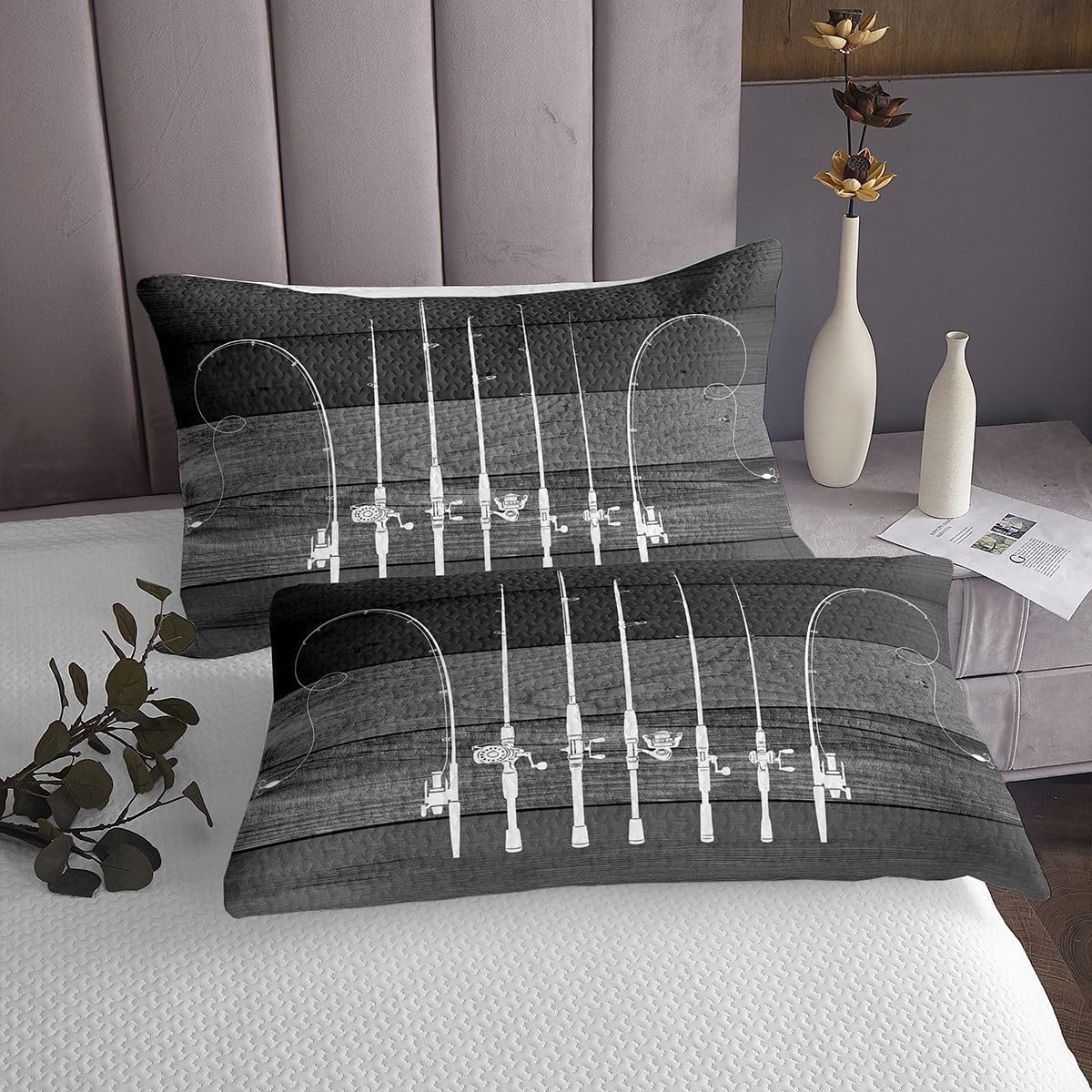 Erosebridal Fishing Coverlet Set Queen Fishing Pole Quilt Set Fishing Gifts for Men,Vintage Watercolor Wood Bedspread Set Go Fish Bed Set,Angle Hook Fishing Accessories Rustic Home Decor,Grey
