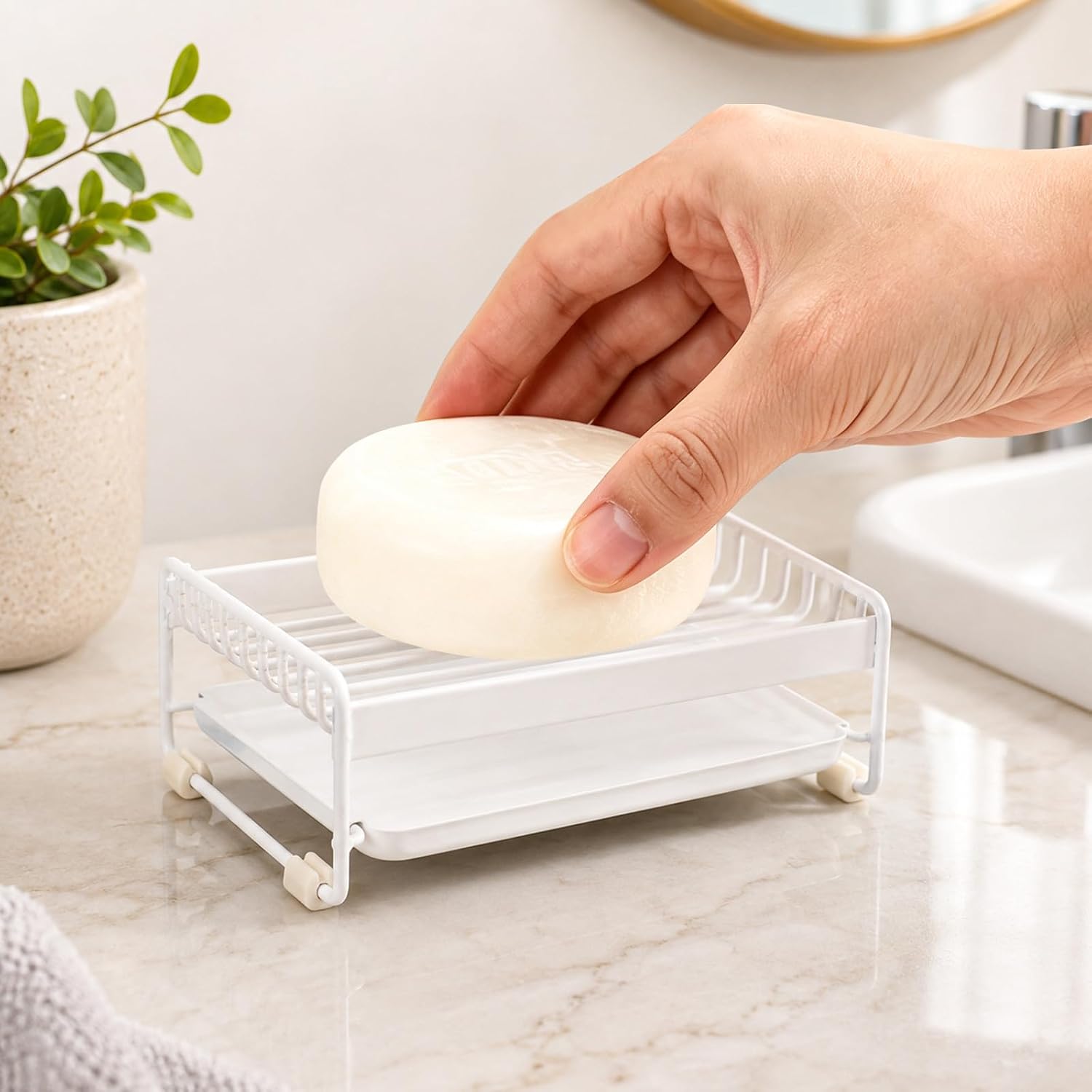 Soap Dish for Shower, Carbon Steel Bar Soap Holder with Water Tray, Soap Organizer for Bathroom, Kitchen Sink and Countertop(White)