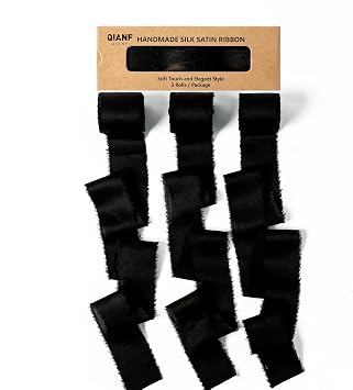 QIANF Black Handmade Fringe Satin Silk Ribbon 1-1/2 inch x 21 Yard Frayed Edges Ribbons for Wedding Invitations, Flower Bouquets, Gifts Wrapping, Bridal Baby Shower Decor, Party Decorations