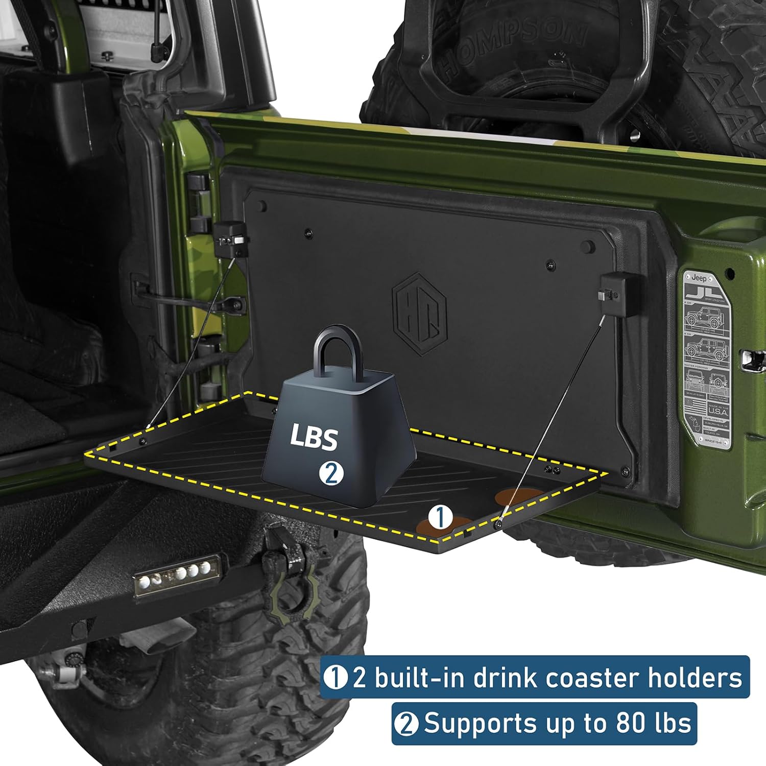 Hooke Road Tailgate Foldable Table Cargo Shelf for 2018-2026 Jeep Wrangler JL JLU Unlimited 2/4 Doors, Rear Door Storage Rack, Sturdy Camping Prep Table, Overlanding Trail Gear Platform