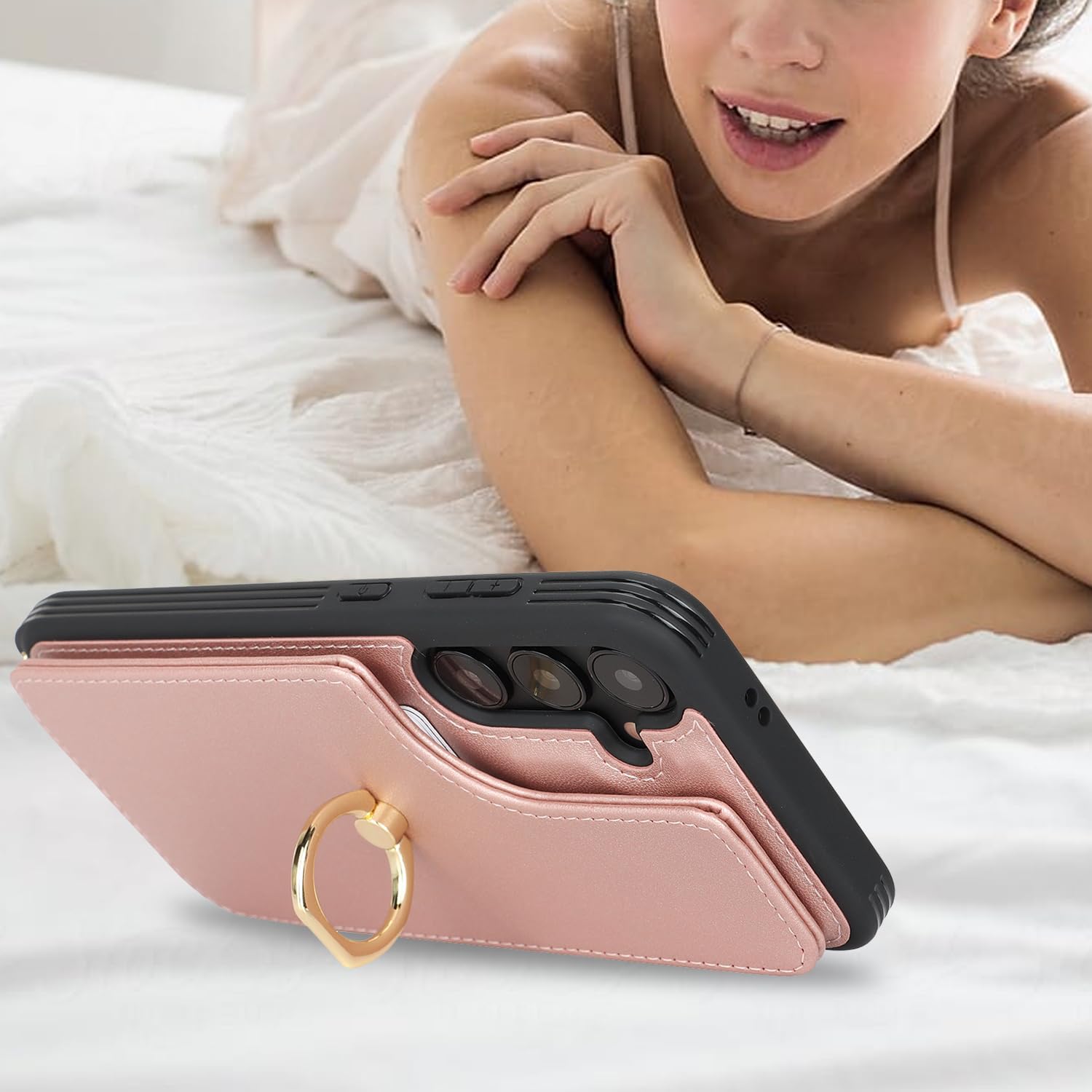 Lipvina for Samsung Galaxy S24 Plus Case with Card Holder and Strap for Women,Crossbody Lanyard,RFID Blocking,Ring Stand,Snap Clasp,Phone Wallet Cases 6.7 inch(Rose Gold)