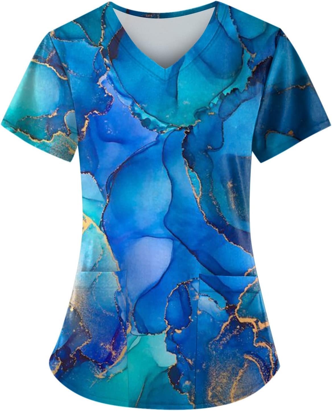 HXHYQKPWomens Plus Size Scrub Tops Print Nurse Uniforms for Women V-Neck Shirts Tops with Pockets