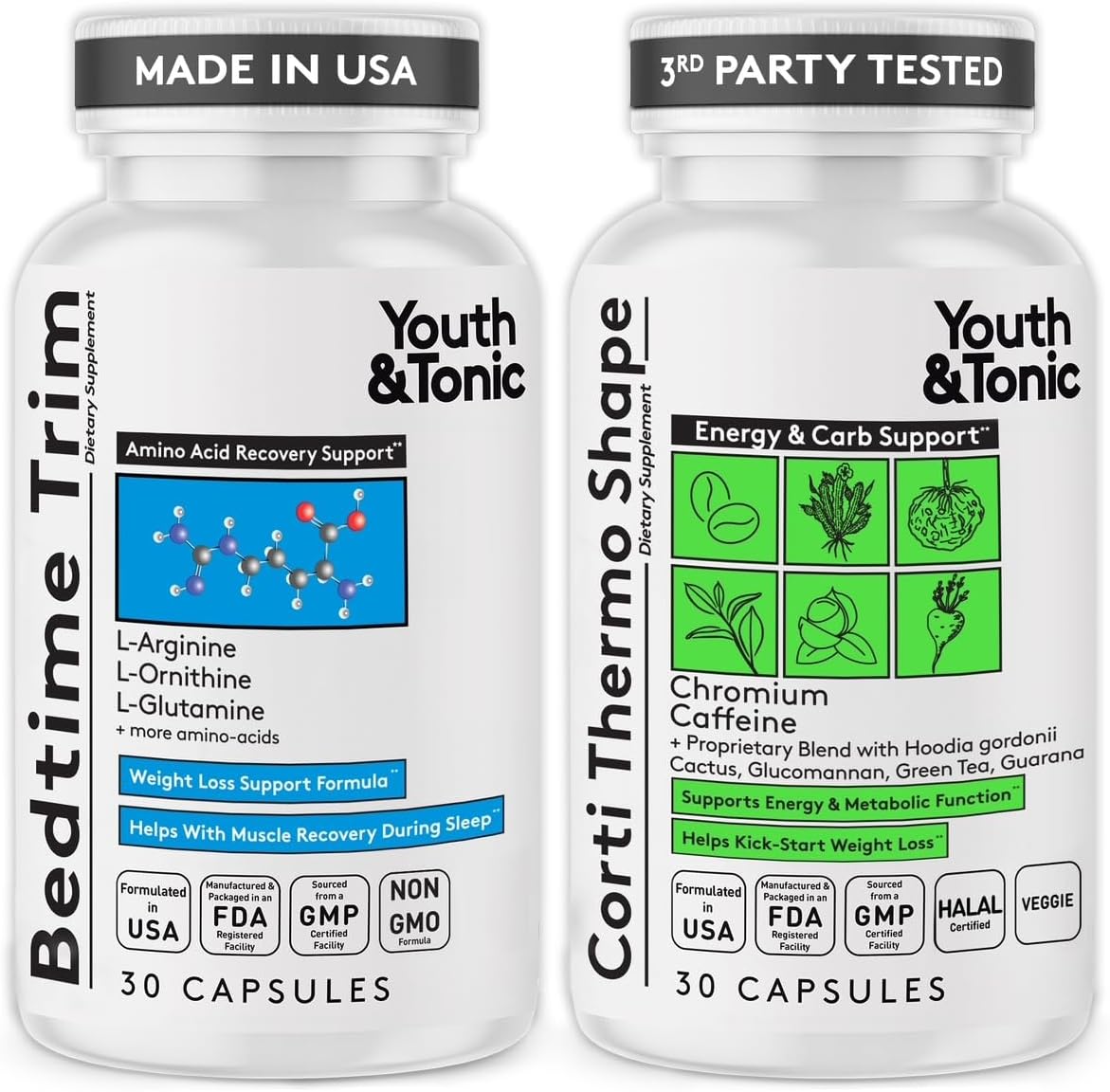 Youth & Tonic Weight Loss Support Night & Day Pills – Bedtime Trim & Cortithermo Shape – Nighttime Recovery + Daytime Energy & Metabolism Support – 60 Capsules for Women & Men