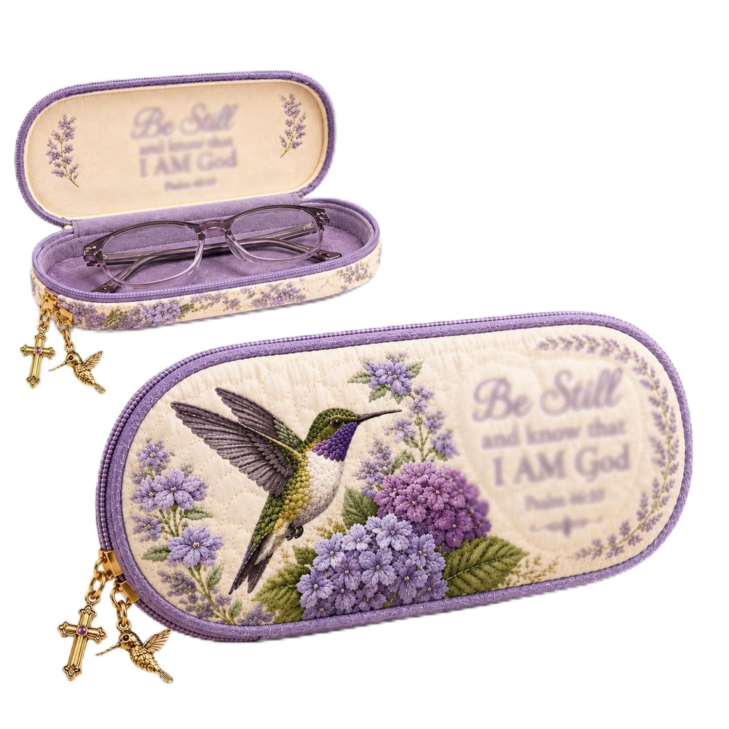 Generisch Gestepptes Brillenetui Mit Kolibri-Motiv, Lila Hortensien-Blumenmuster, Mit Reißverschluss Und Goldenen Anhängern, Leichter Brillenetui-Organizer For Damen Und Herren