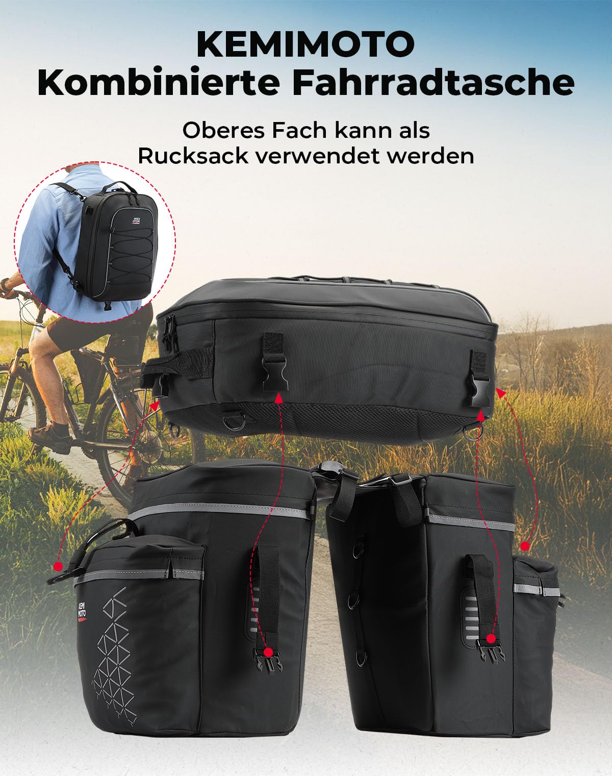 KEMIMOTO 3 IN 1 Gepäckträgertasche, Wasserdicht Fahrradtaschen für Gepäckträger, 52L Fahrradtaschen-Set mit Regenschutz, Multifunction Rucksack und Umhängetasche für e Bike MTB