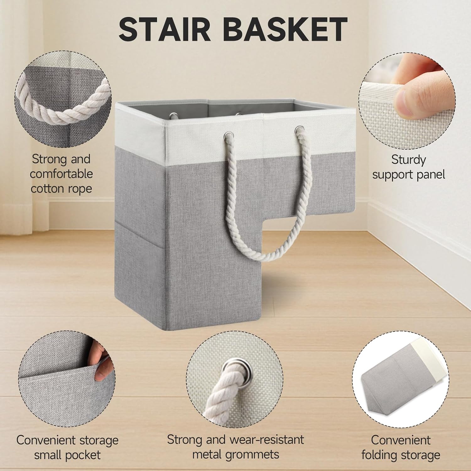 Stair Basket, 16 x 10 x 8 Inches Stair Basket for Stairs with Handle, Clothes Storage Bins, Foldable Staircase Storages Organizer, Versatile Sturdy Bag for Toys, Clothes, Books, Tools (2pc Gray)