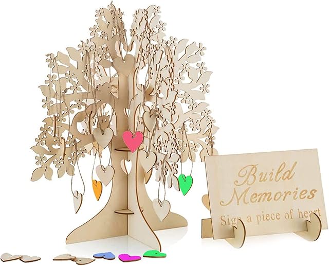 Wedding Guest Book Signature Message Wooden Tree Frame Unique Decoration Gifts Bridal Marriage Anniversary Ceremony Registry Engagement Vintage Guest Signing in Book with Stand Signing Heart 100 PCS