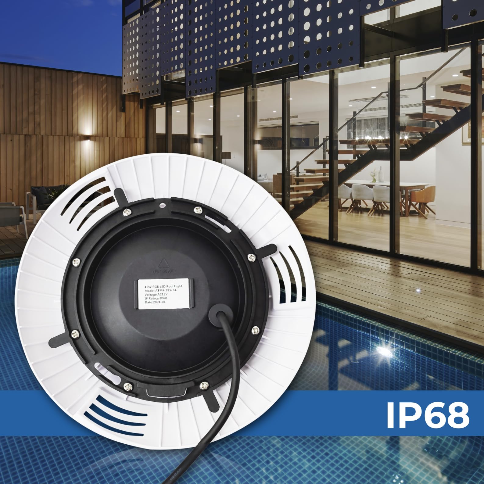 LED ATOMANT Foco de piscina LED 45W RGB, Luz para Piscina Impermeable IP68 Sumergible, Cable 1,5m, Con Transformador AC 220V/12V AC y Mando a distancia por control remoto