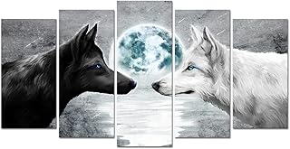 Welmeco 5 Pieces Black and White Wolves Painting Grey Blue Full Moon Seascape Picture Canvas Prints Gallery Wrapped Artwork Animal Wolf Poster for Living Room Modern Office Bedroom Wall Decoration