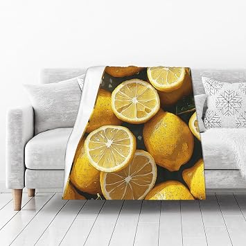 Zesty Yellow Lemon Flannel Blanket, Anti-Pilling Microfleece with Citrus Print, Size Throw for Couch,Bed,Dorm,Energizing Snuggles,Hypoallergenic,Gifts for Family and Student 40x50 Inch