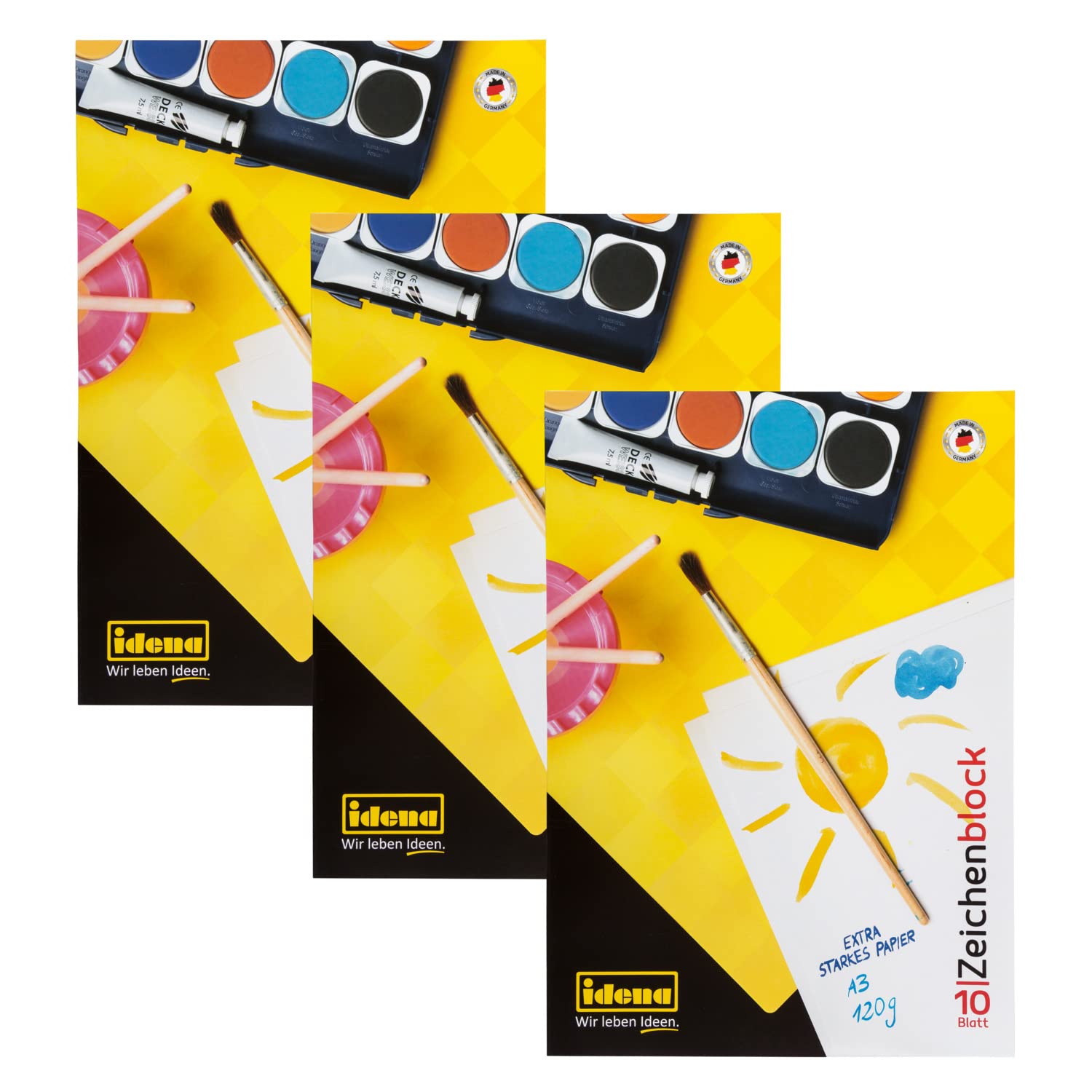 Idena 10388 - Bloc de dibujo, DIN A3, 10 hojas, 120 g/m², 3 piezas