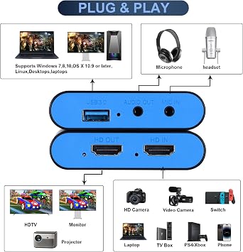 HDMI Capture Card for Nintendo Switch 2, 1080P 60FPS, Blue | USB-C adapter included for MacBook and iPad, OBS streaming, 4K 30Hz passthrough, works with PS5, Xbox and PC