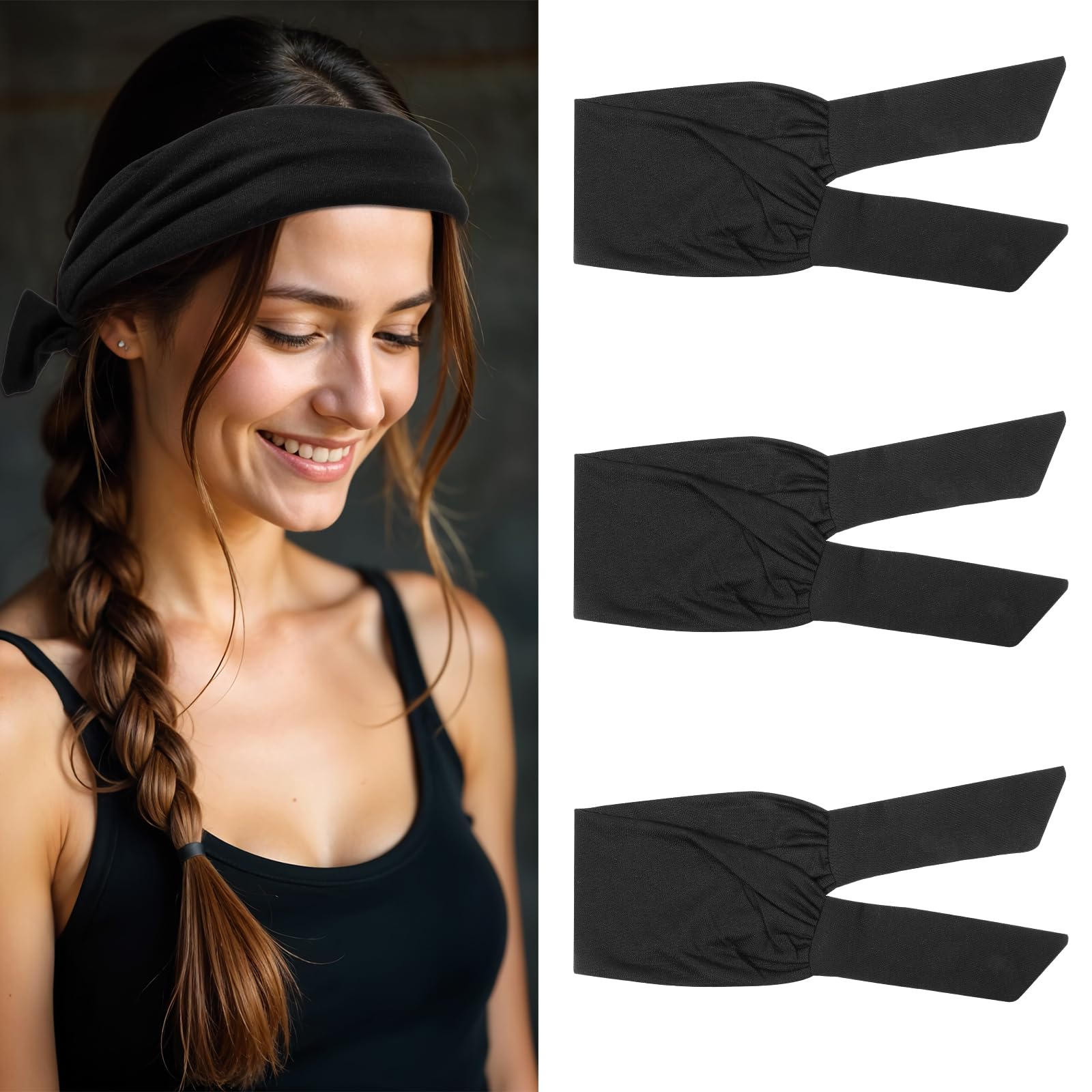 APLZGMG 3Pcs Adjustable Headbands for Women, Black Knotted Headband Tie Elastic Non Slip Fashion Hair Bands for Workout Sports Yoga Running Cycling