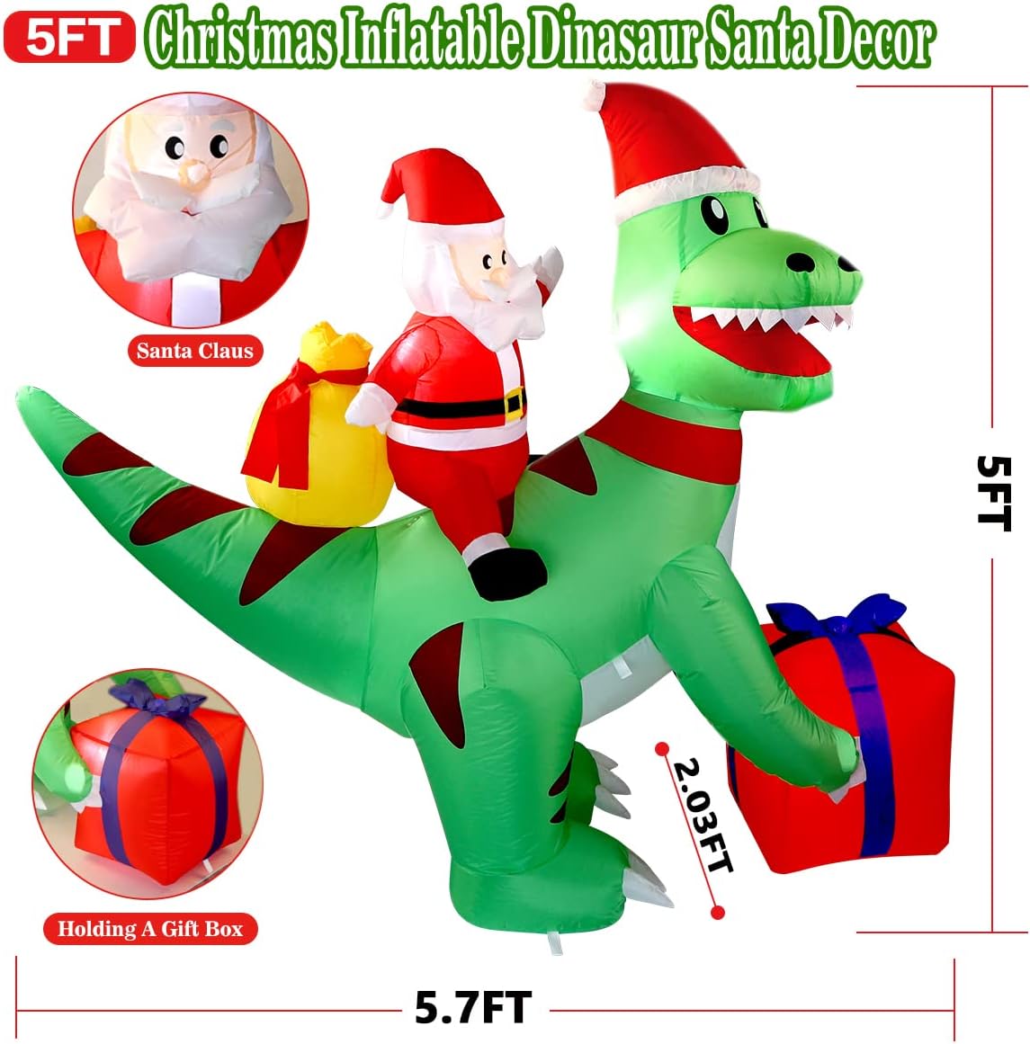 5 Ft Christmas Inflatable Dinosaur with Santa, LED Lights, Indoor Outdoor Holiday Yard Decor, Green T-Rex with Gift Box - Image 2