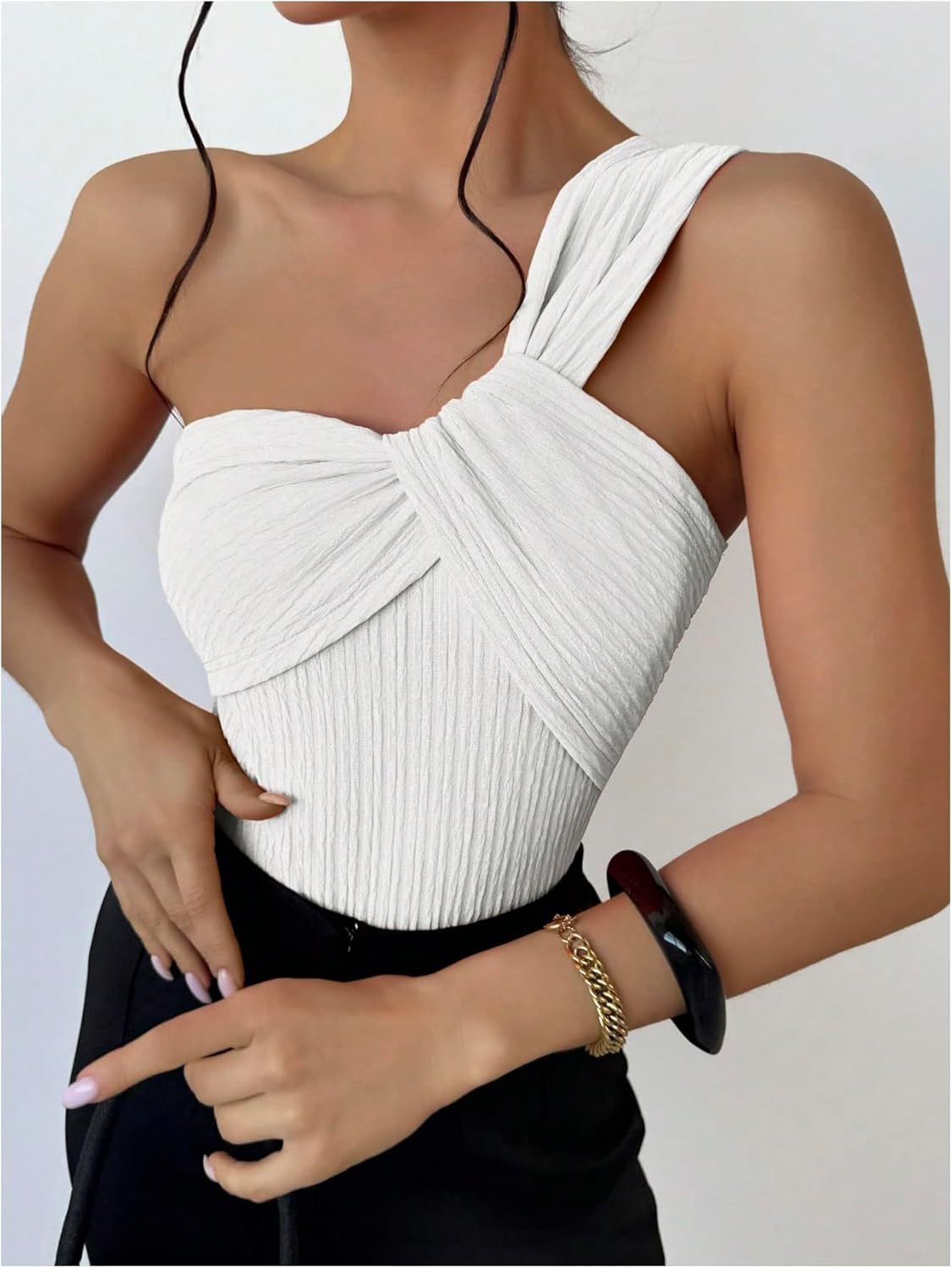 GORGLITTER Women's Twist Front One Shoulder Bodysuit Sleeveless Backless Asymmetrical Neck Tank Top Jumpsuits - Image 4