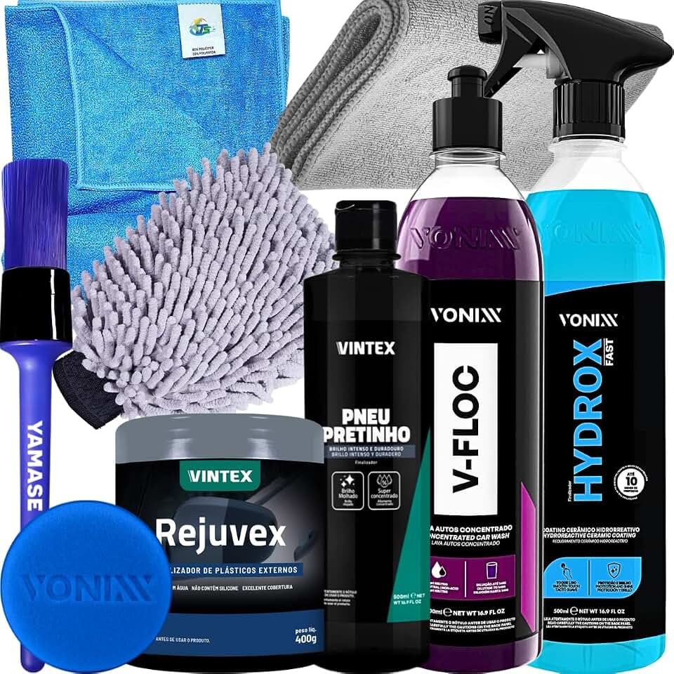 Kit Produtos Vonixx Para Lavagem De Motos e Carros Shampoo Neutro V-floc Celante Ceramico Hydrox Fast Pneu pretinho Restaurador De Plasticos Externos Rejuvex + Acessórios