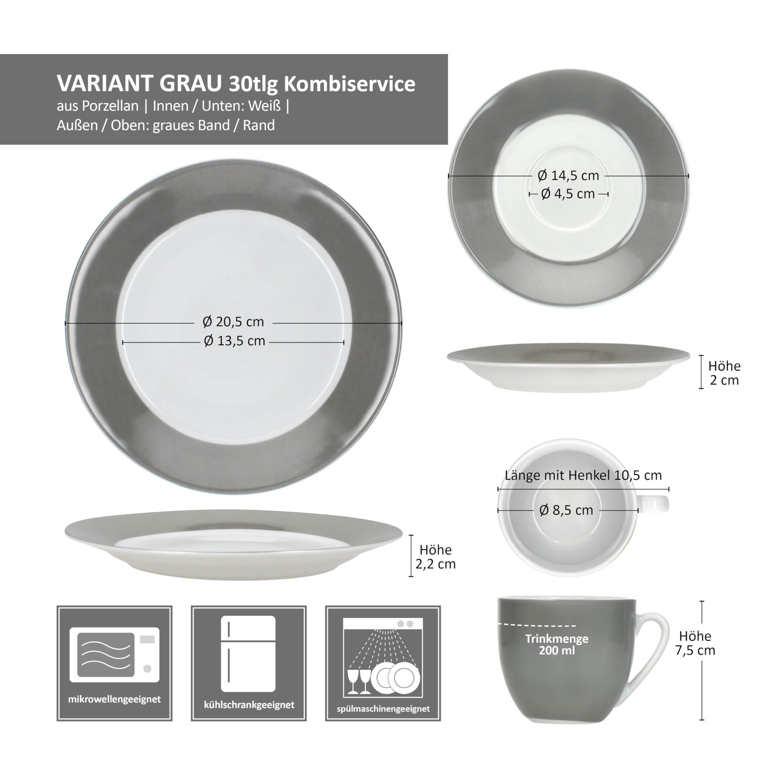 MamboCat Service combiné Variant Gris 30 pièces I Service de table en porcelaine avec bord gris pour 6 personnes I 6 tasses à café de 200 ml, 6 soucoupes, assiettes à gâteau, assiettes creuses et