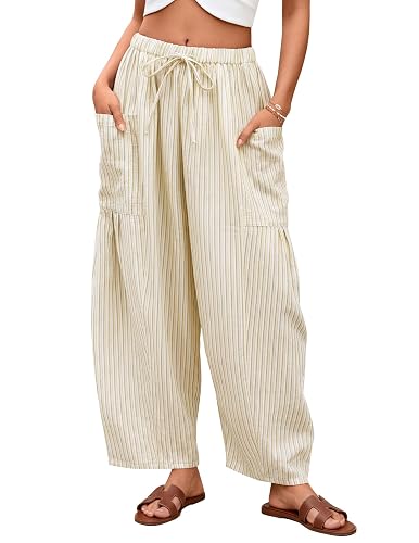 ZESICA Women’s Summer Wide Leg Palazzo Harem Pants 2026 Boho Loose Flowy Beach Pant Casual Barrel Sweatpants with Pockets Apricot Medium