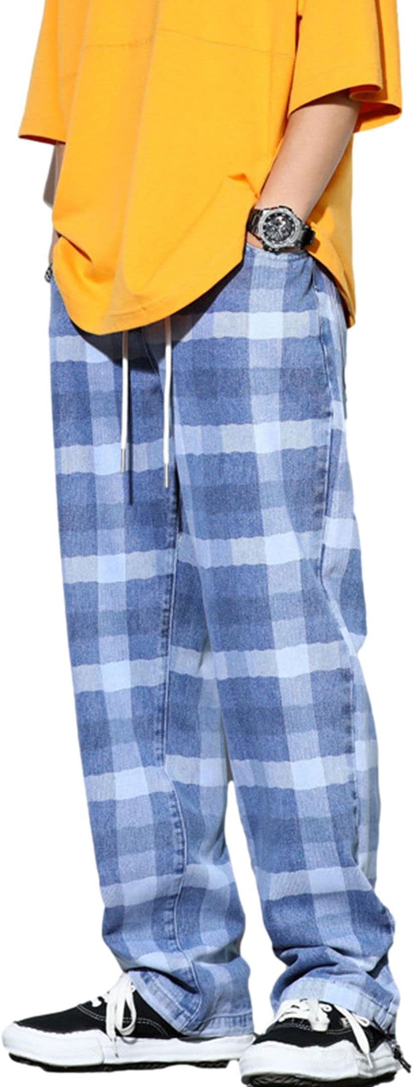ZLSLZMen's Street Hip Hop Loose Straight Distressed Ripped Patchwork Skateboard Denim Jeans Pants