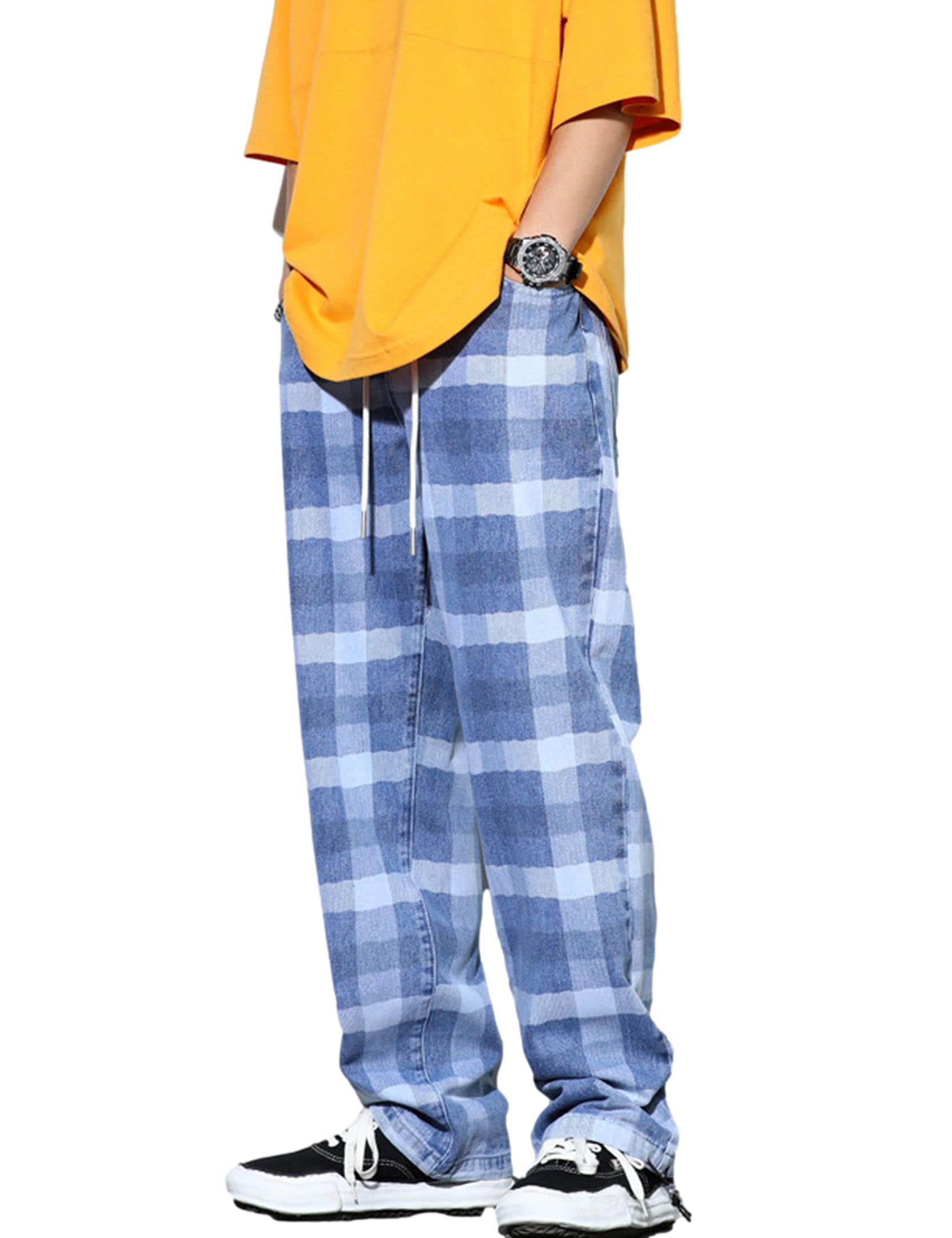 ZLSLZMen's Street Hip Hop Loose Straight Distressed Ripped Patchwork Skateboard Denim Jeans Pants