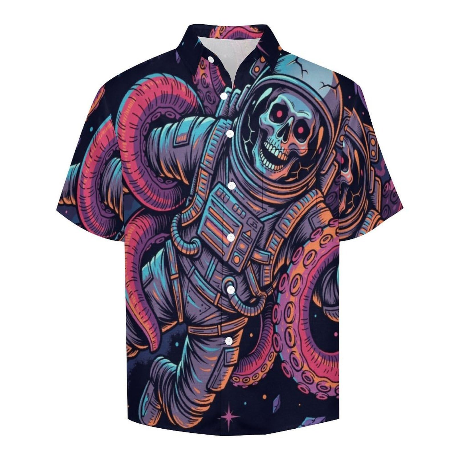 Camicia Casual da Uomo, Teschio di Astronauta Stampa Maglietta Estiva a Maniche Corte Stile Fantasy Casual Button Down Hawaiani Camicie Risvolto Spiaggia Top