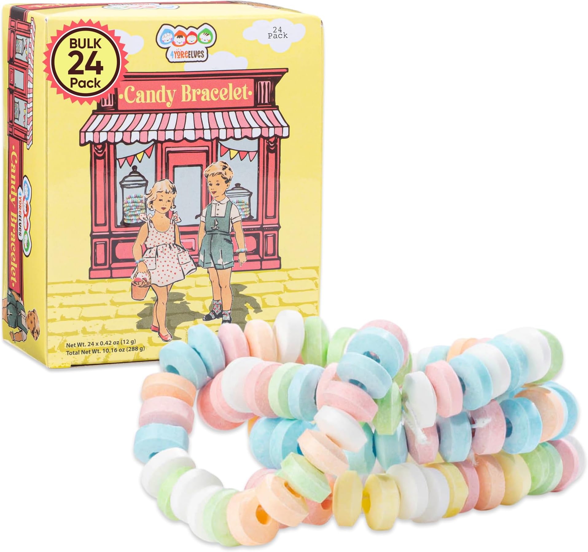 4YoreElves 24 Pack of Candy Bracelets | Bulk Pack Candy Bracelets Individually Wrapped | Candy Jewelry for Kids (Box of 24)