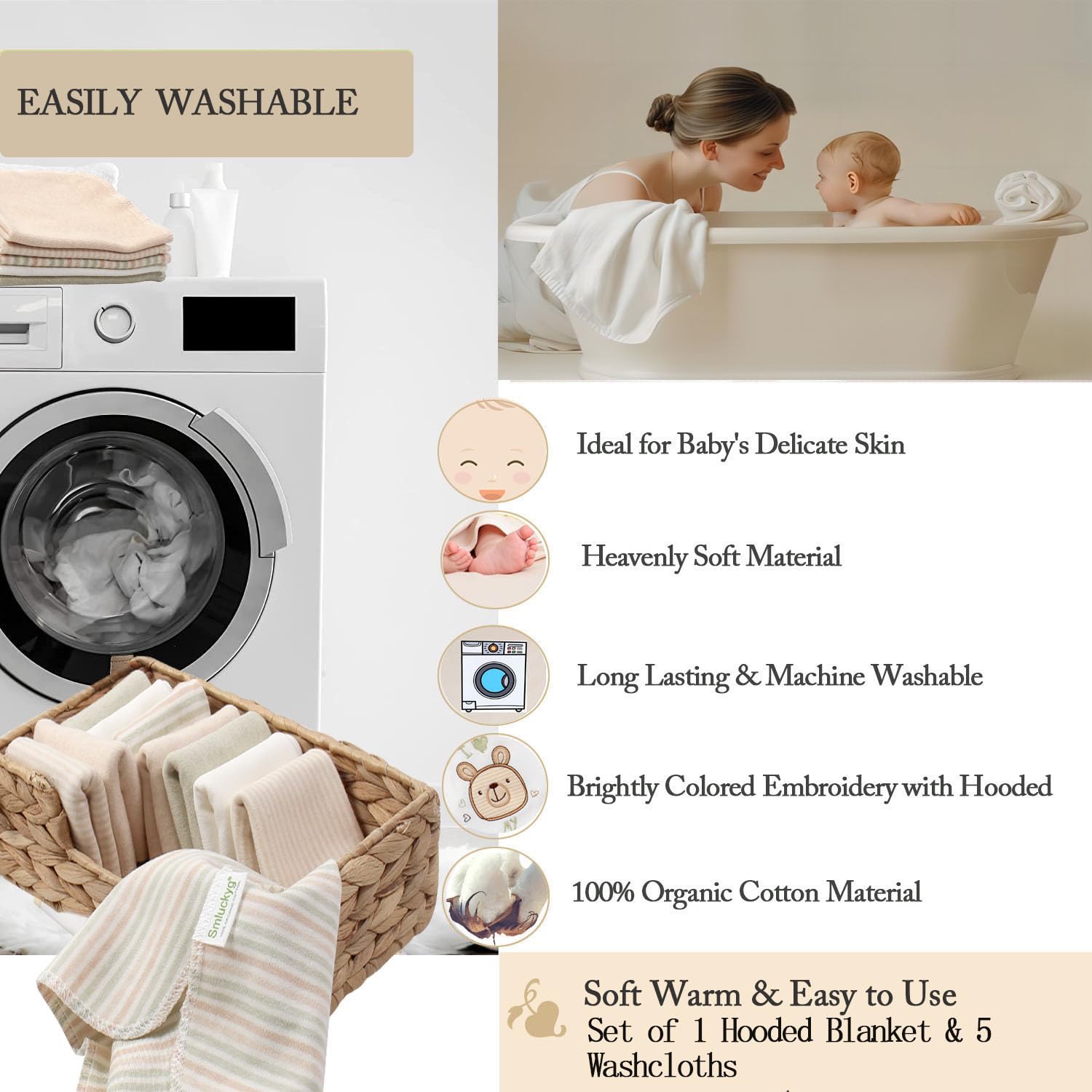 Juego de 6 toallas y paños con capucha para bebé, toalla de baño de algodón orgánico ultra suave y reutilizable para bebés y niños pequeños, regalos unisex para bebés (L (paquete de 6),