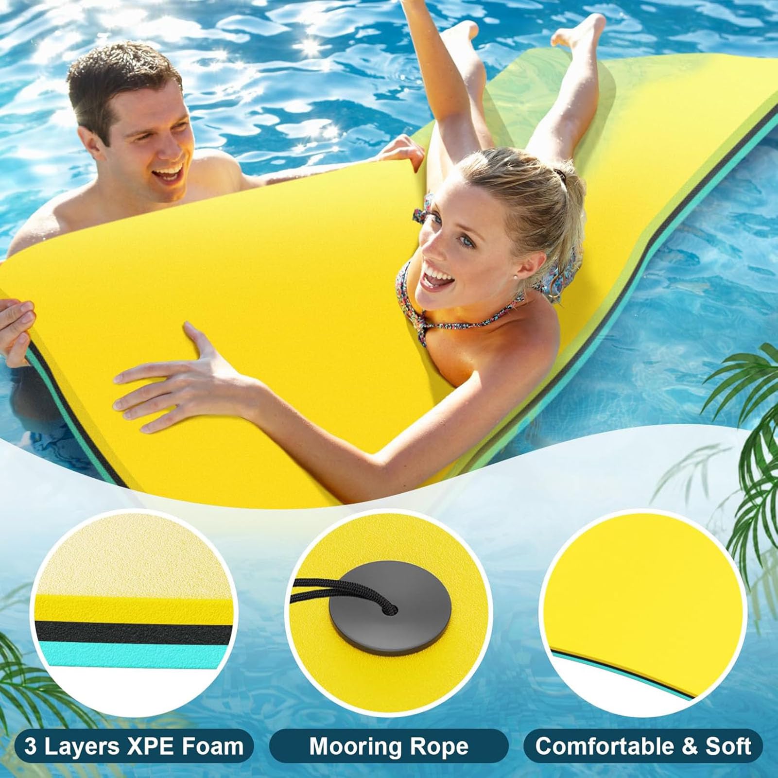 Tappetino galleggiante a 3 strati in schiuma XPE resistente agli strappi, attività acquatiche durevoli per adulti, perfetto per lago, spiaggia, mare, piscina, 4,5 m x 0,9 m x 3,3 cm