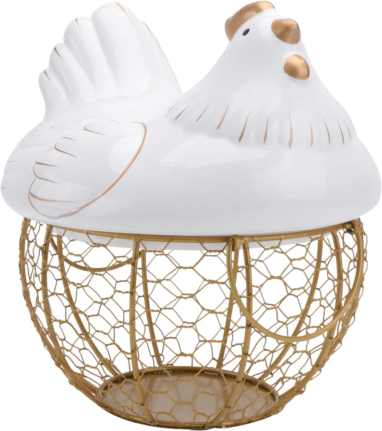 Ceramic Chicken Storage Basket Creative Iron Eggs Holder Metal Wire Hen Egg Basket Chicken Cover Farmhouse Egg Organizer Decoration (White Golden)