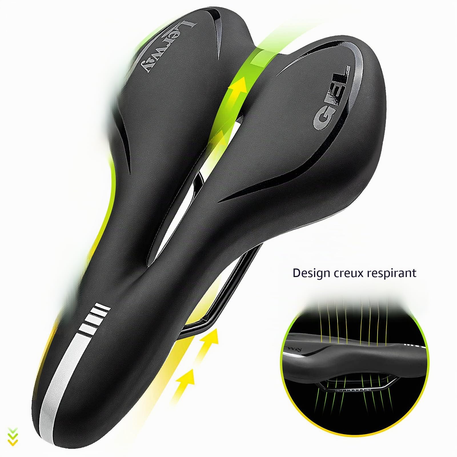 LERWAY Selle Vélo VTT, Selle Vélo MTB, Noir Siège de Vélo Route de Cyclisme BMX, Respirant Selle Vélo en PU Cuir, Imperméable Selle Velo Confortable Creux Réfléchissant Bike Saddle