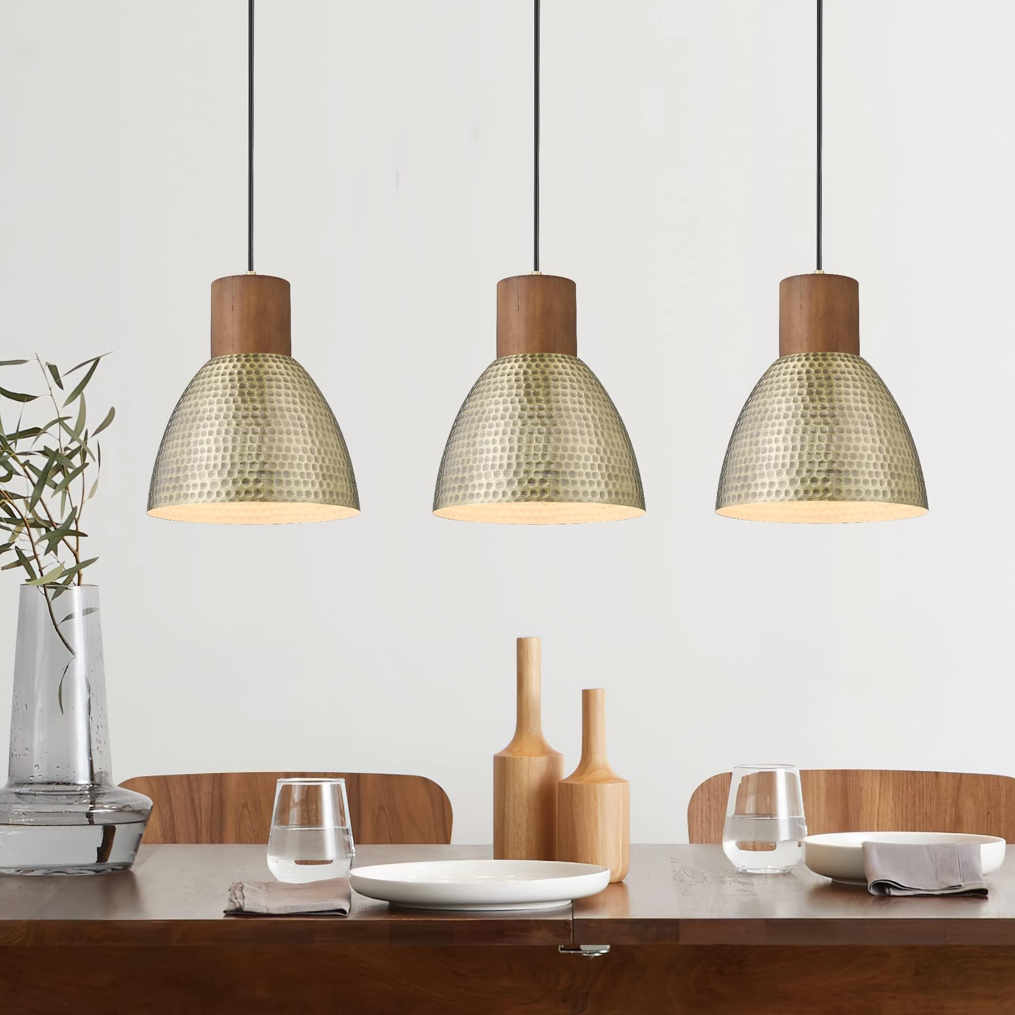 ELYONA Hammered Pendant Lights for Kitchen Island, 7” Small Solid Wood Vintage Metal Hanging Light Fixture Adjustable Height Antique Gold Pendant Lamp for Farmhouse, Dining Room, Brushed Brass, 3 Pack
