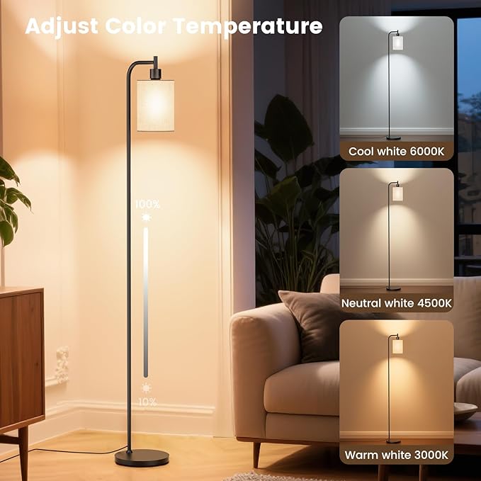SIBRILLE Floor Lamp with Linen Shade, Dimmable Tall Standing Lamp with Remote Control & 3 Color Temperatures, Modern Floor Lamps for Living Room Bedroom Office Corner, 9W LED Bulb Included photo 2