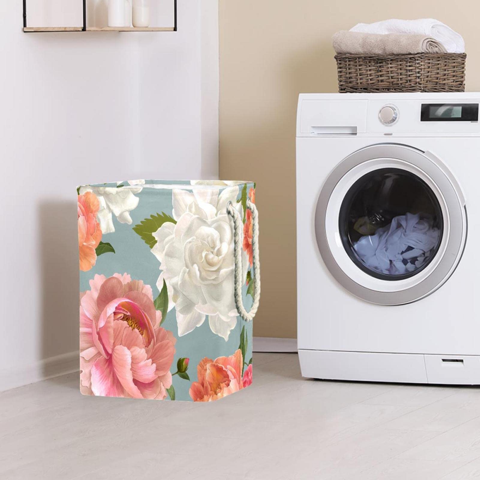 Canasta grande con patrón de peonía, con asa duradera, cesta de almacenamiento de ropa sucia para dormitorio, baño, dormitorio universitario